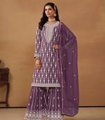 Purple Heavy Designer Embroidery Work Faux Georgette Semi Stitched Sharara Party Wear Salwarsuit
