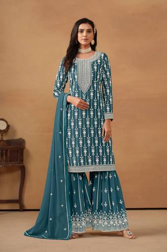 Teal Blue Heavy Designer Embroidery Work Faux Georgette Semi Stitched Sharara Party Wear Salwarsuit