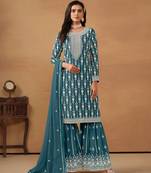 Teal Blue Heavy Designer Embroidery Work Faux Georgette Semi Stitched Sharara Party Wear Salwarsuit