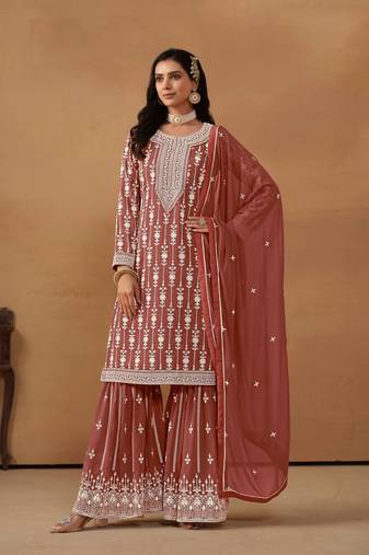 Brown Heavy Designer Embroidery Work Faux Georgette Semi Stitched Sharara Party Wear Salwarsuit