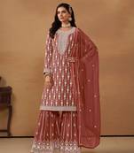 Brown Heavy Designer Embroidery Work Faux Georgette Semi Stitched Sharara Party Wear Salwarsuit
