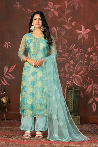Blue  Embroidery  Hand Work Organza Semi Stitched Pant Party Wear Salwarsuit