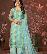 Blue  Embroidery  Hand Work Organza Semi Stitched Pant Party Wear Salwarsuit