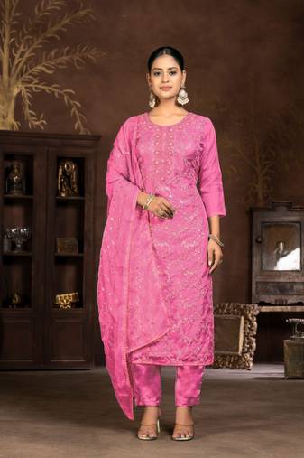 Light Pink  Embroidery  Hand Work Organza Semi Stitched Pant Party Wear Salwarsuit