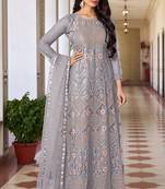 Grey Heavy Designer Embroidery Work Net Semi Stitched Pant Party Wear Salwarsuit