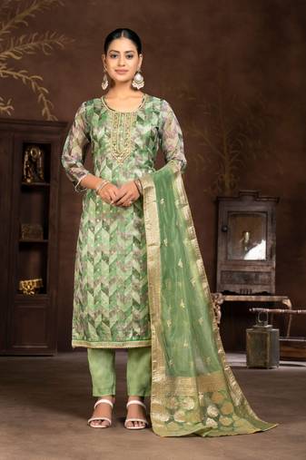 Green Woven Designer  Hand Work Organza Semi Stitched Pant Party Wear Salwarsuit