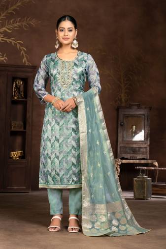 Blue Woven Designer  Hand Work Organza Semi Stitched Pant Party Wear Salwarsuit