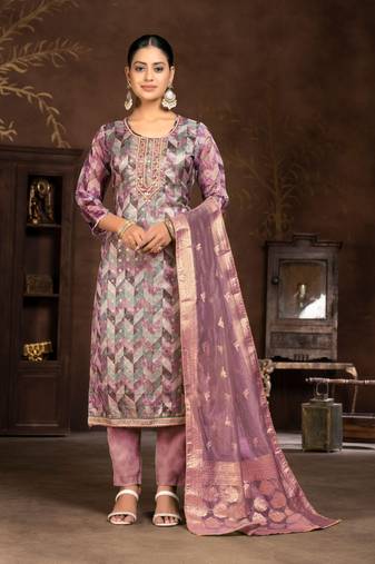 Light Pink Woven Designer  Hand Work Organza Semi Stitched Pant Party Wear Salwarsuit