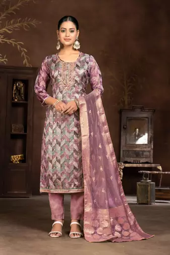 Light Pink Woven Designer  Hand Work Organza Semi Stitched Pant Party Wear Salwarsuit