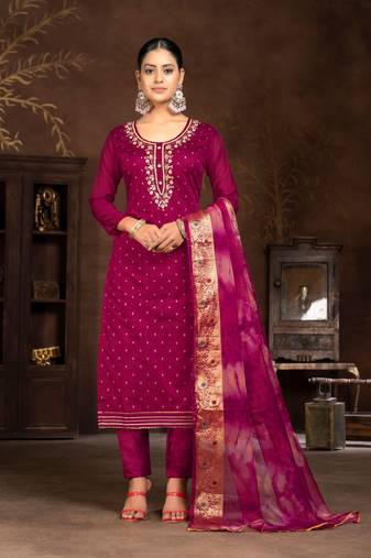 Burgundy Woven Designer  Hand Work Silk Blend Semi Stitched Pant Party Wear Salwarsuit