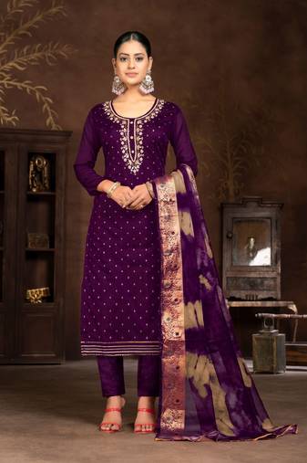 Purple Woven Designer  Hand Work Silk Blend Semi Stitched Pant Party Wear Salwarsuit