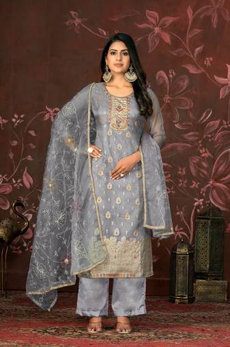 Grey Woven Designer  Hand Work Organza Semi Stitched Pant Party Wear Salwarsuit
