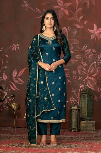 Blue Woven Designer  Hand Work Organza Semi Stitched Pant Party Wear Salwarsuit