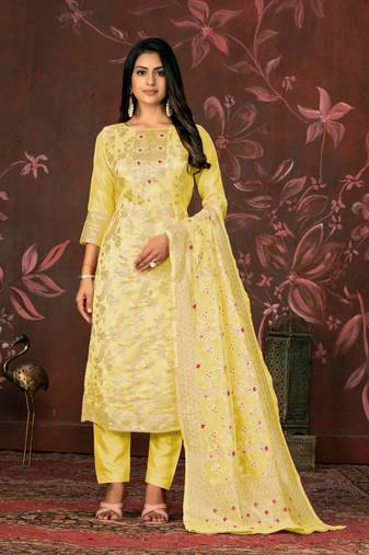 Yellow Woven Designer  Hand Work Banarasi Semi Stitched Pant Party Wear Salwarsuit