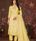 Yellow Woven Designer  Hand Work Banarasi Semi Stitched Pant Party Wear Salwarsuit