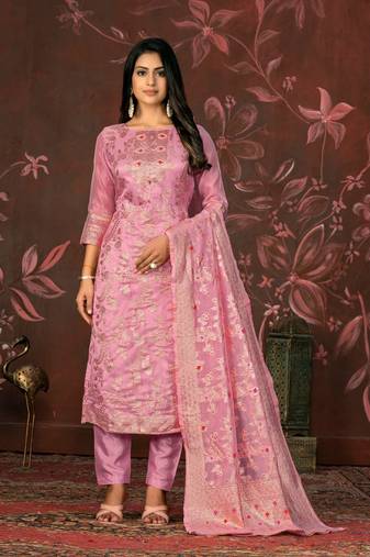 Light Pink Woven Designer  Hand Work Banarasi Semi Stitched Pant Party Wear Salwarsuit
