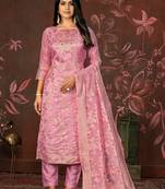 Light Pink Woven Designer  Hand Work Banarasi Semi Stitched Pant Party Wear Salwarsuit