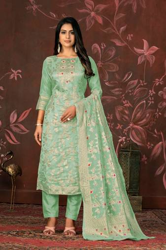 Green Woven Designer  Hand Work Banarasi Semi Stitched Pant Party Wear Salwarsuit