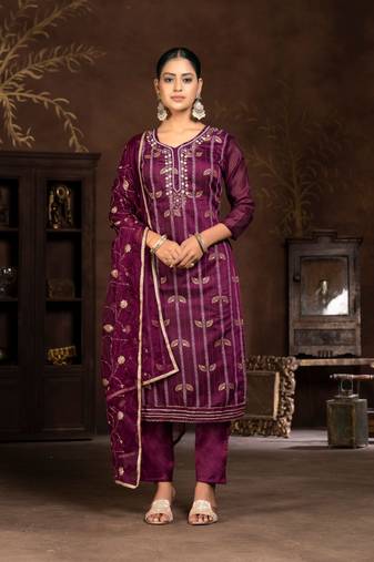 Purple Woven Designer  Hand Work Silk Blend Semi Stitched Pant Party Wear Salwarsuit