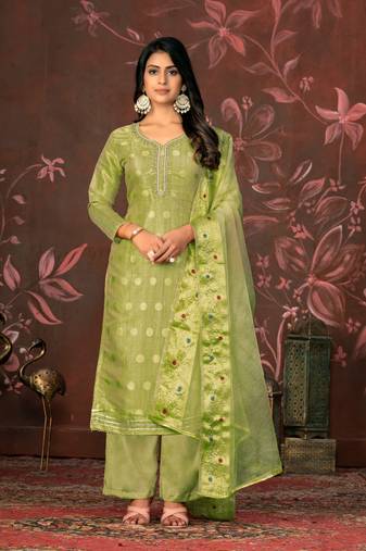 Light Green Woven Designer  Hand Work Silk Blend Semi Stitched Pant Party Wear Salwarsuit