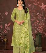 Light Green Woven Designer  Hand Work Silk Blend Semi Stitched Pant Party Wear Salwarsuit
