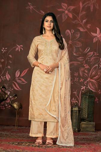 Peach Woven Designer  Hand Work Silk Blend Semi Stitched Pant Party Wear Salwarsuit