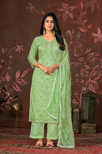 Green Woven Designer  Hand Work Silk Blend Semi Stitched Pant Party Wear Salwarsuit