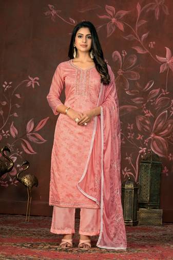 Light Pink Woven Designer  Hand Work Silk Blend Semi Stitched Pant Party Wear Salwarsuit