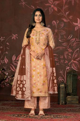 Peach Woven Designer  Hand Work Silk Blend Semi Stitched Pant Party Wear Salwarsuit