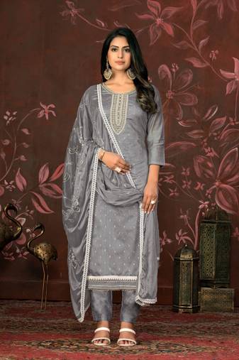 Grey Woven Butti  Hand Work Silk Blend Semi Stitched Pant Party Wear Salwarsuit