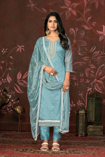 Blue Woven Butti  Hand Work Silk Blend Semi Stitched Pant Party Wear Salwarsuit