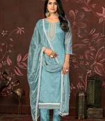 Blue Woven Butti  Hand Work Silk Blend Semi Stitched Pant Party Wear Salwarsuit