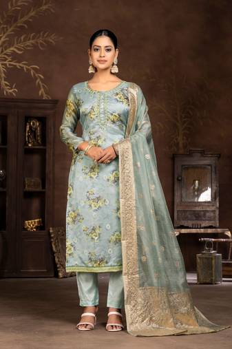 Blue Digital Printed Hand Work Organza Semi Stitched Pant Party Wear Salwarsuit