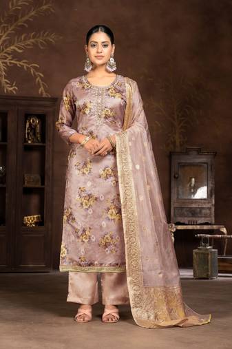 Peach Digital Printed Hand Work Organza Semi Stitched Pant Party Wear Salwarsuit