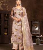 Peach Digital Printed Hand Work Organza Semi Stitched Pant Party Wear Salwarsuit