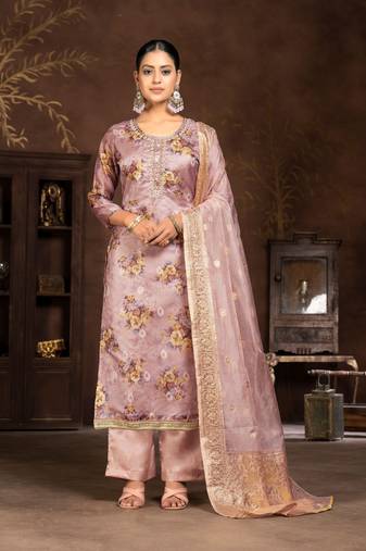 Light Pink Digital Printed Hand Work Organza Semi Stitched Pant Party Wear Salwarsuit