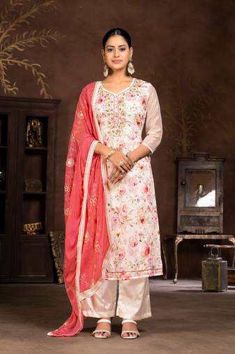 Light Cream Woven Butti  Hand Work Silk Blend Semi Stitched Pant Party Wear Salwarsuit