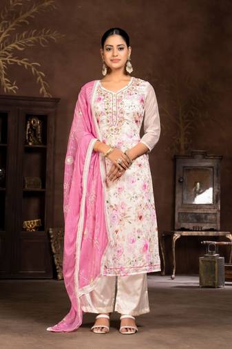 Light Cream Woven Butti  Hand Work Silk Blend Semi Stitched Pant Party Wear Salwarsuit
