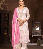 Light Cream Woven Butti  Hand Work Silk Blend Semi Stitched Pant Party Wear Salwarsuit