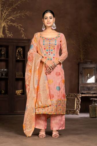 Peach Woven Designer  Hand Work Organza Semi Stitched Pant Party Wear Salwarsuit