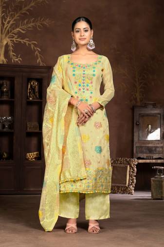 Yellow Woven Designer  Hand Work Organza Semi Stitched Pant Party Wear Salwarsuit