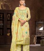 Yellow Woven Designer  Hand Work Organza Semi Stitched Pant Party Wear Salwarsuit