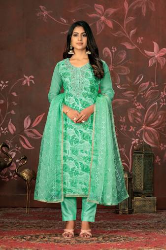 Green Woven Designer  Hand Work Organza Semi Stitched Pant Party Wear Salwarsuit