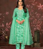 Green Woven Designer  Hand Work Organza Semi Stitched Pant Party Wear Salwarsuit