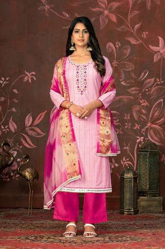 Light Pink Designer Hand Work Cambric Semi Stitched Pant Party Wear Salwarsuit
