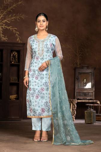 Grey Printed Designer Hand Work Organza Semi Stitched Pant Party Wear Salwarsuit