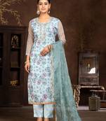 Grey Printed Designer Hand Work Organza Semi Stitched Pant Party Wear Salwarsuit