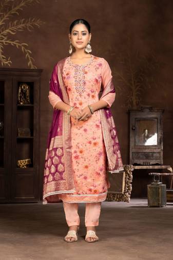 Peach Printed Designer Hand Work Art Silk Semi Stitched Pant Party Wear Salwarsuit