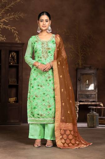 Green Printed Designer Hand Work Art Silk Semi Stitched Pant Party Wear Salwarsuit