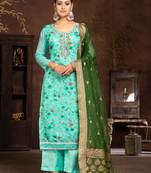 Blue Printed Designer Hand Work Art Silk Semi Stitched Pant Party Wear Salwarsuit